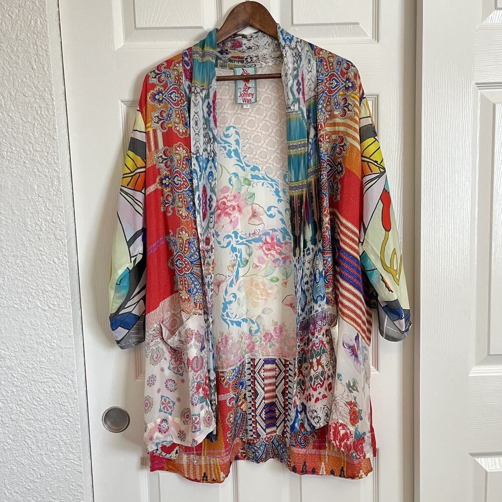 Johnny Was Silk Kimono Floral Mixed Print Boho Designer Jacket Rainbow Size M